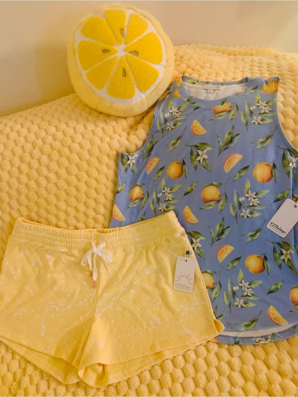 PJ Salvage Freshly Squeezed Lemon Print Sleeveless Top & Shorts Lounge Set SZ L